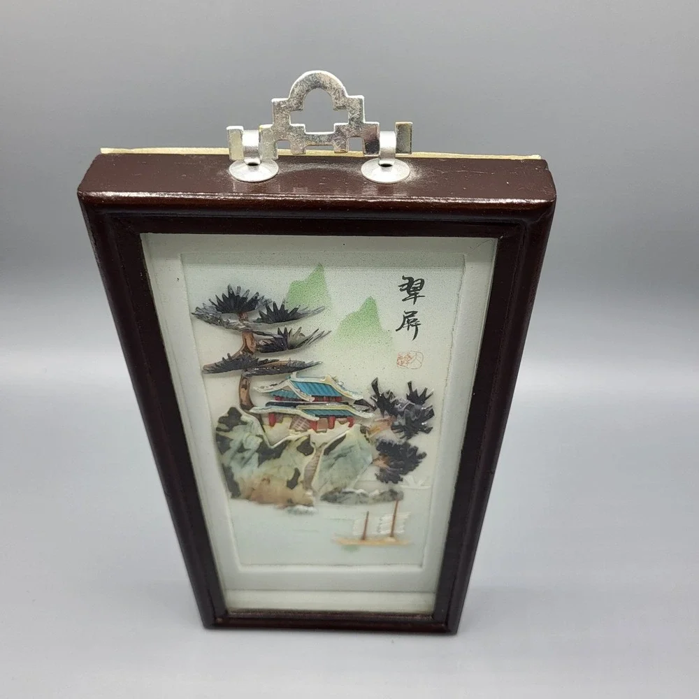 Vintage Chinese Shell Art Shadow Box Pagoda Landscape 3D Wall Decor 9